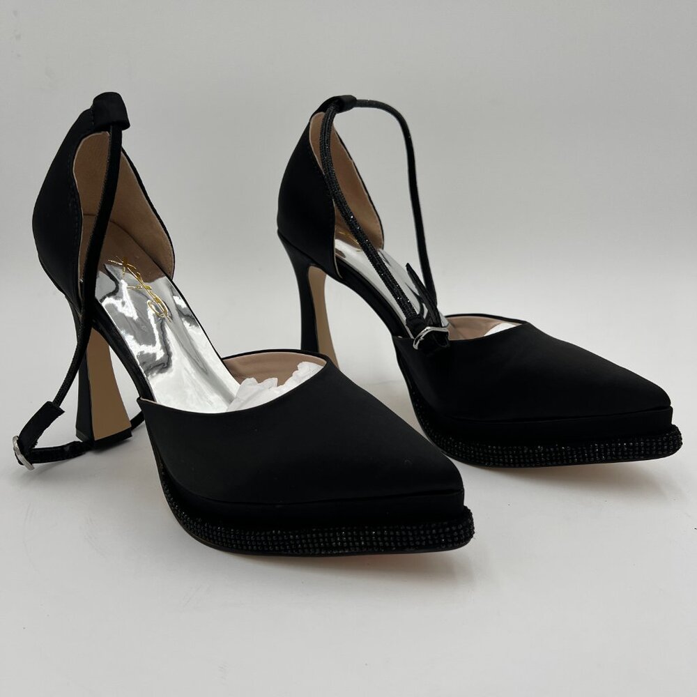 XYD Black Pointed Toe Platforms Crystal Ankle Wrap Strappy Block Heel Satin Shoe - Picture 4 of 7